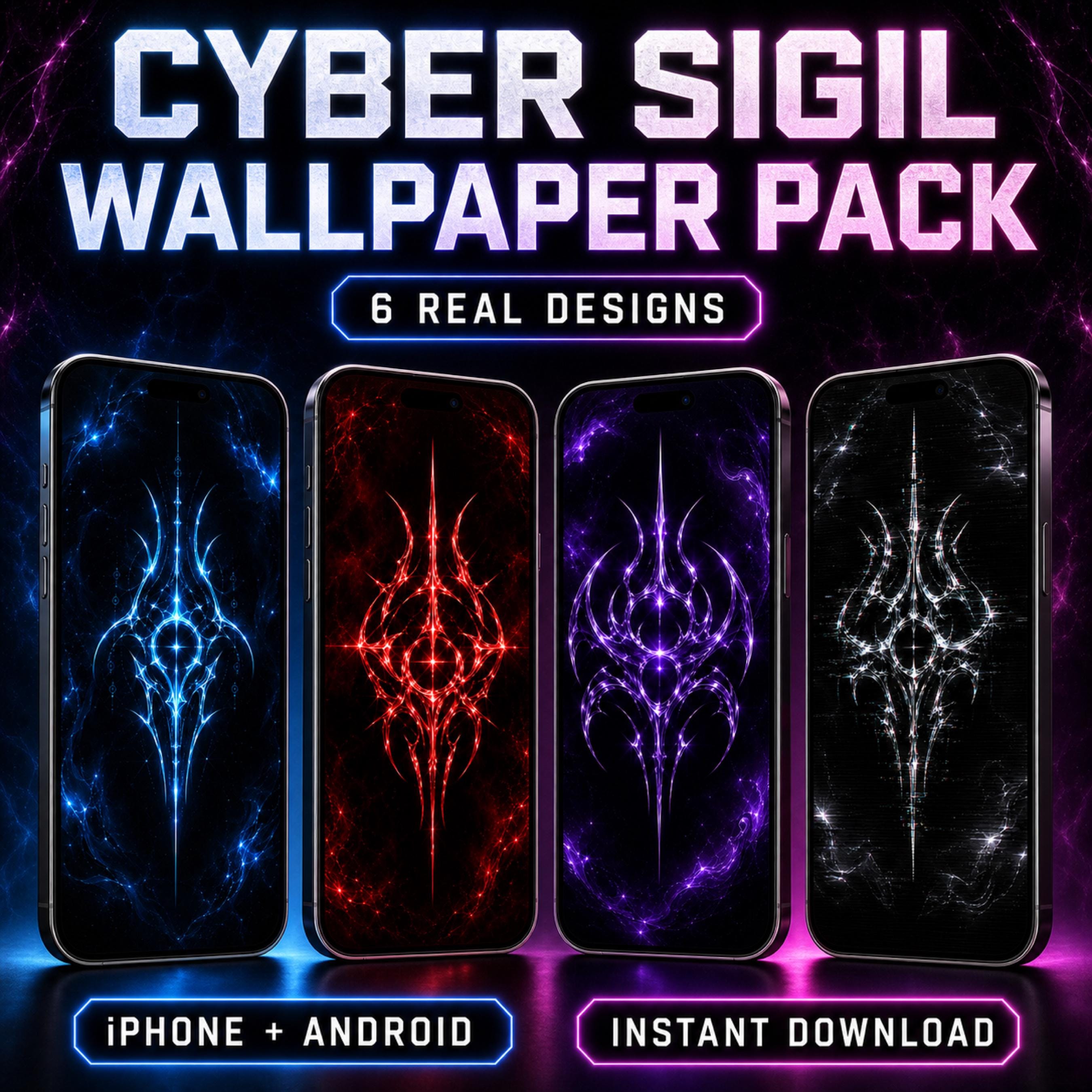 Cyber Sigil phone wallpaper pack showing six real silver, red, blue, purple and distressed gothic lock screen designs for iPhone and Android