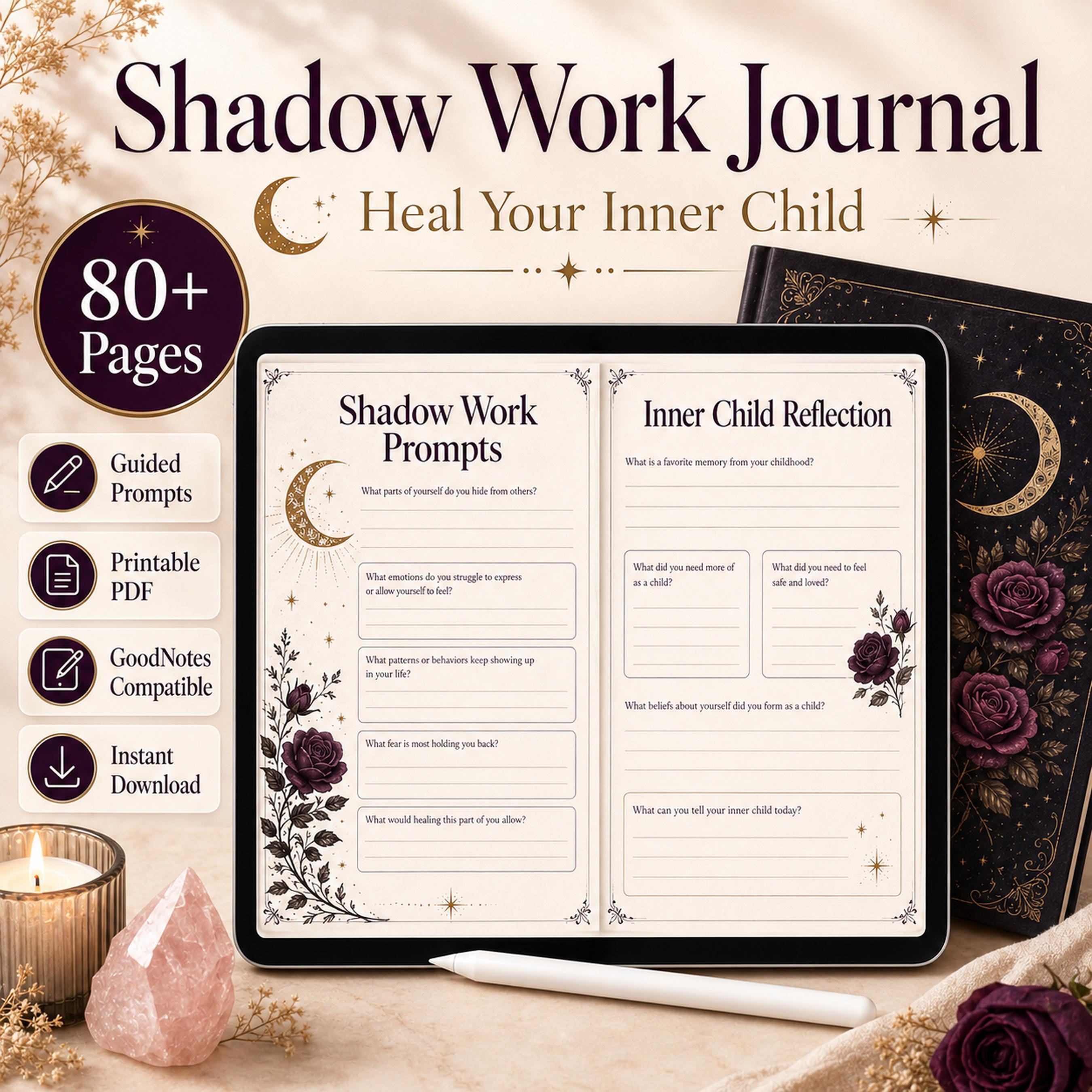 Printable Shadow Work Journal cover and worksheet previews for 80+ guided prompts, inner child reflection and self-discovery in A4 and US Letter PDF formats