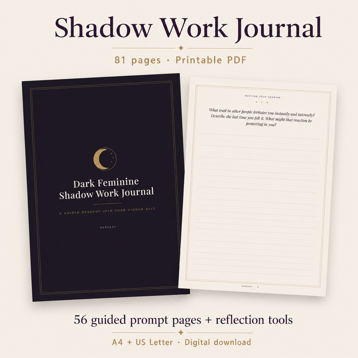 Shadow Work Journal with actual crescent cover and ruled prompt page, 81 total pages and 56 guided prompt pages