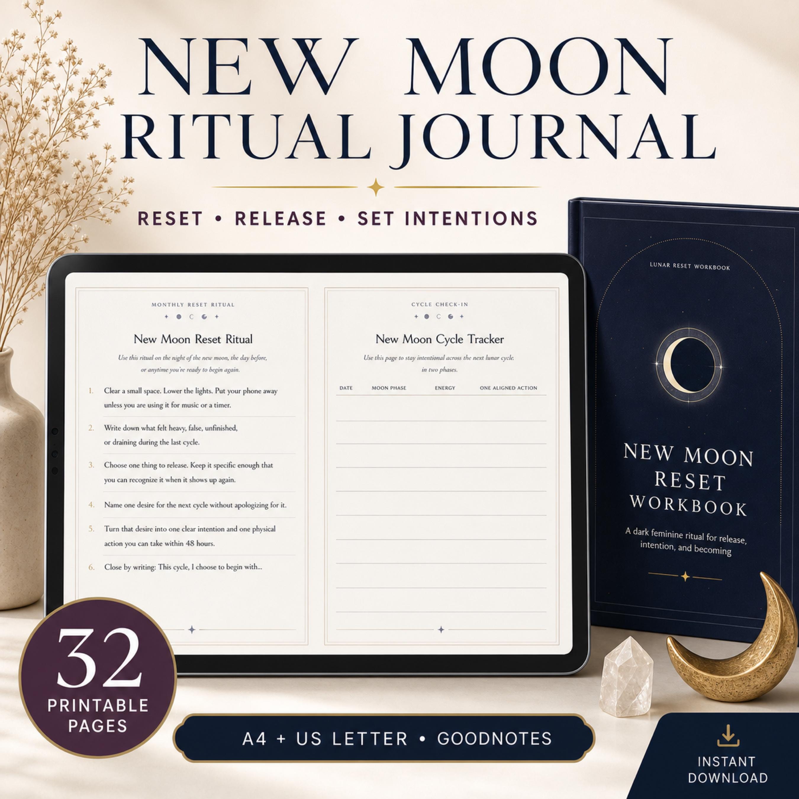 Manifestation Journal and New Moon Workbook showing a dark celestial cover, intention prompts and moon tracker pages from the 32-page printable PDF