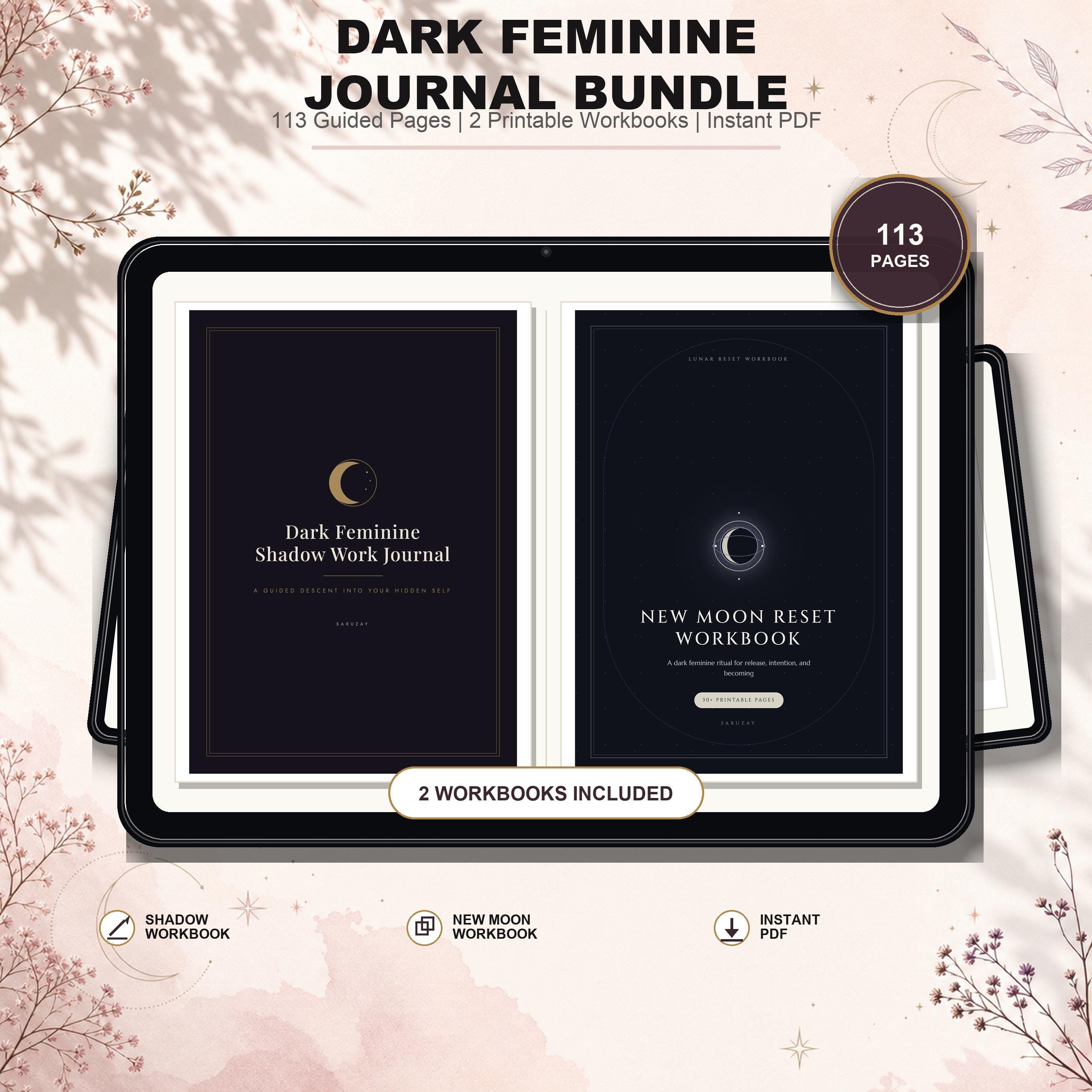 Shadow Work and New Moon journal bundle showing two dark workbook covers and printable reflection pages from the 113-page digital PDF set