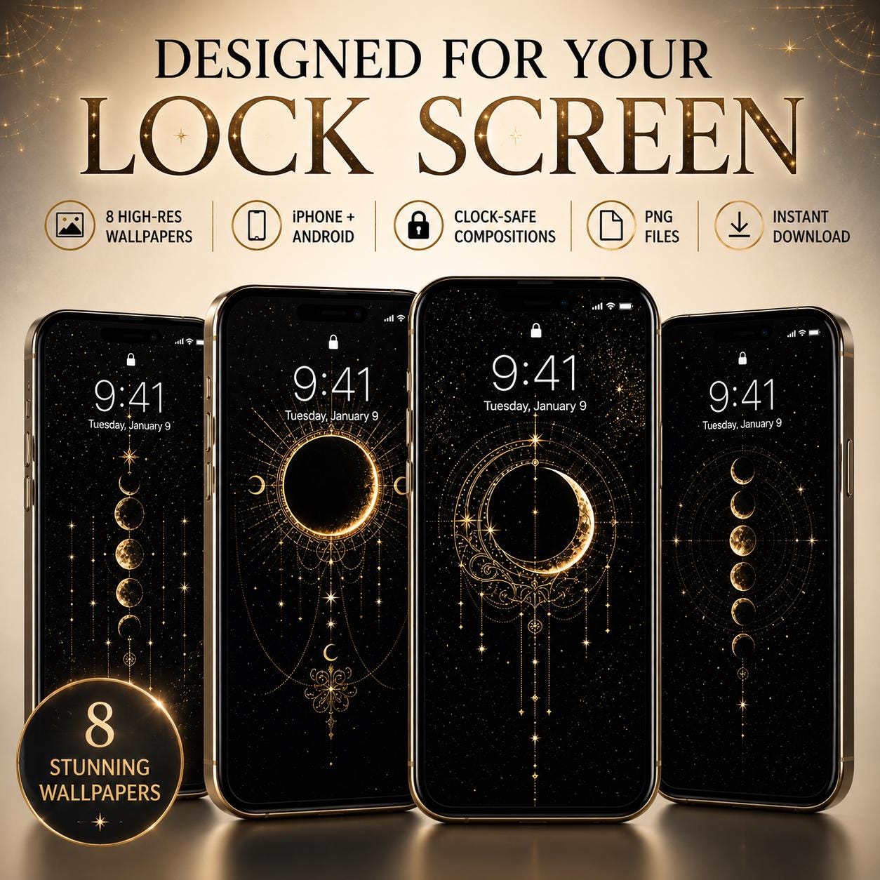 Black Moon gothic phone wallpaper pack showing four black and gold celestial iPhone and Android lock screen previews from eight included designs