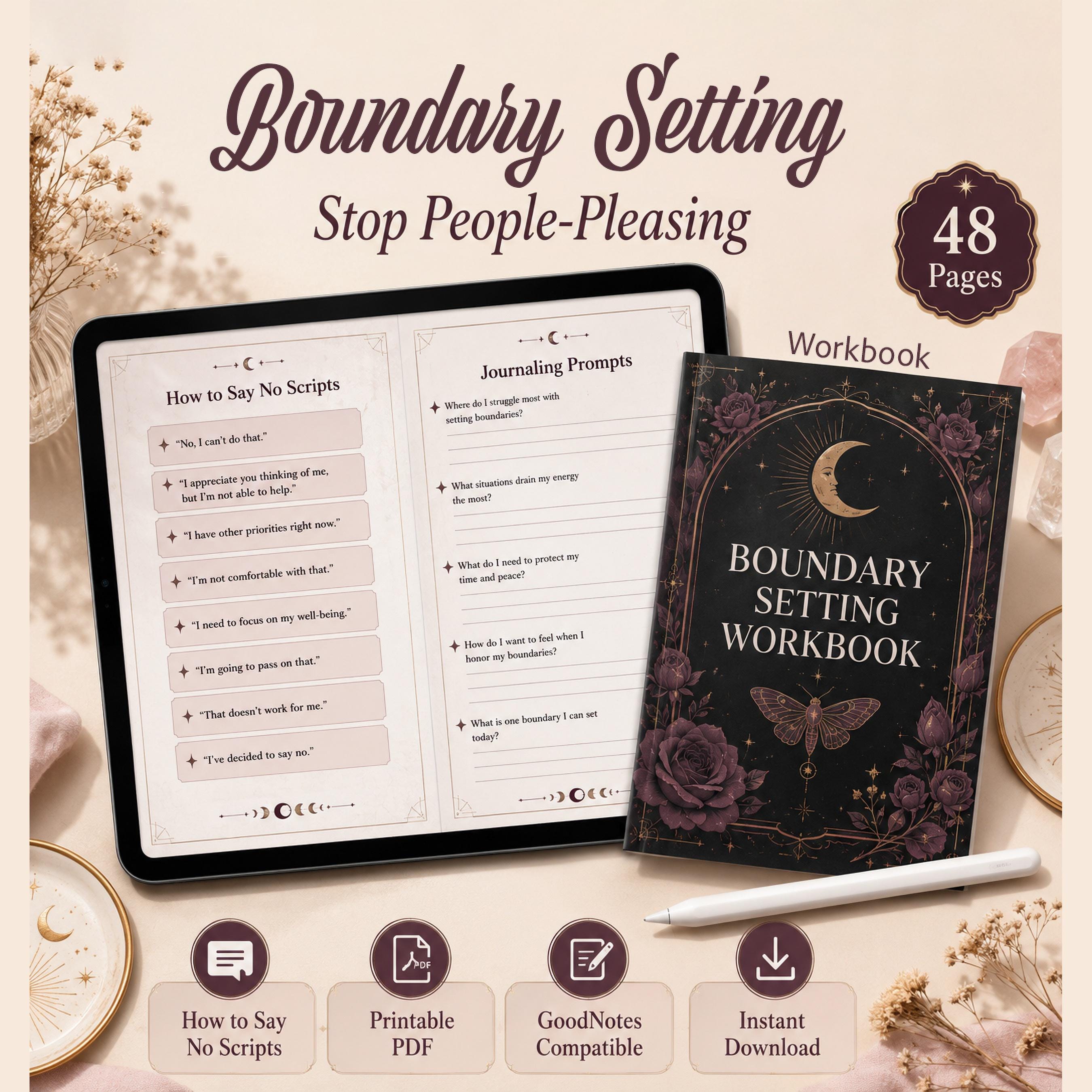 What's inside the 48 page boundary setting workbook with prompts, scripts, logs, and affirmations