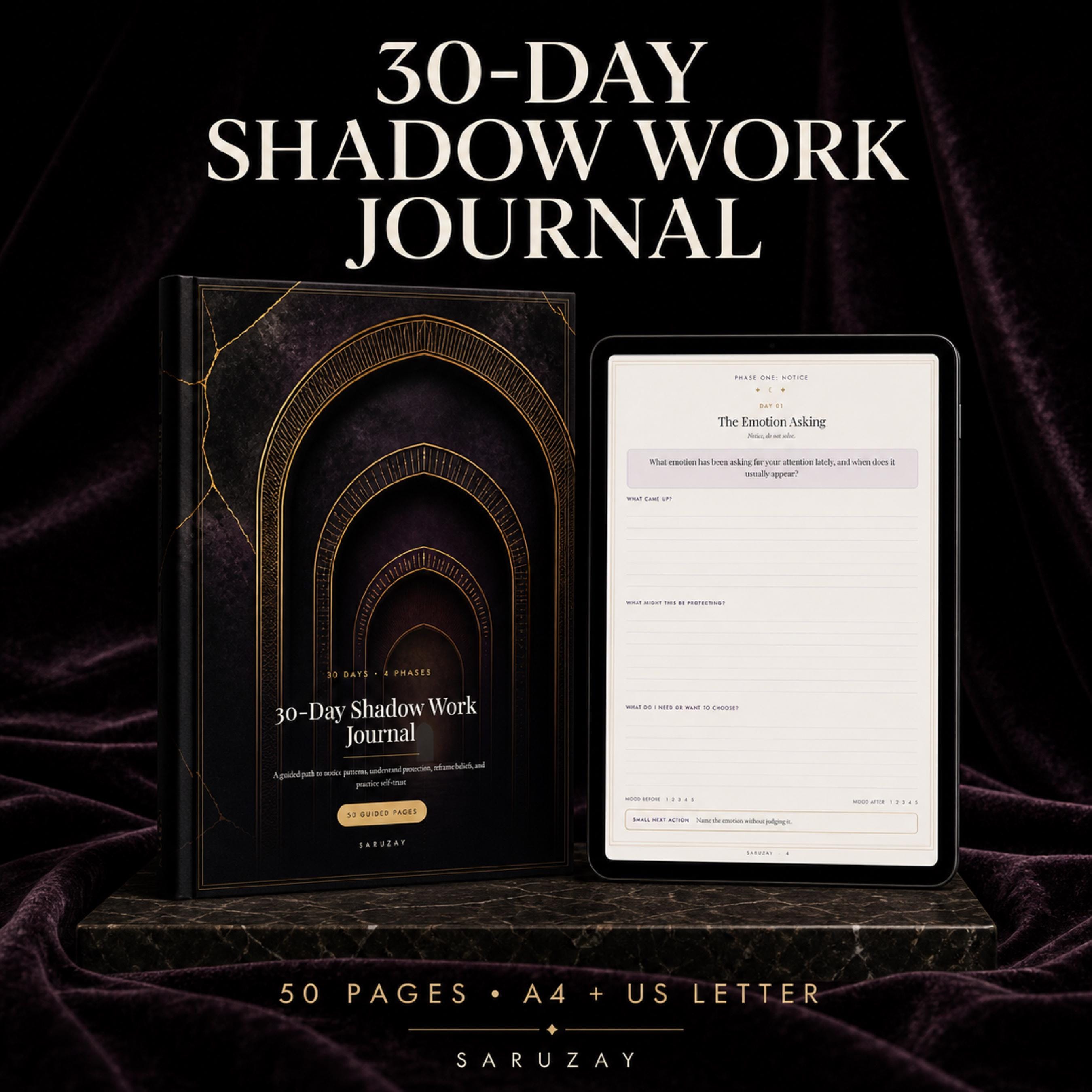 30-Day Shadow Work Journal printable PDF with a four arches cover and guided reflection page