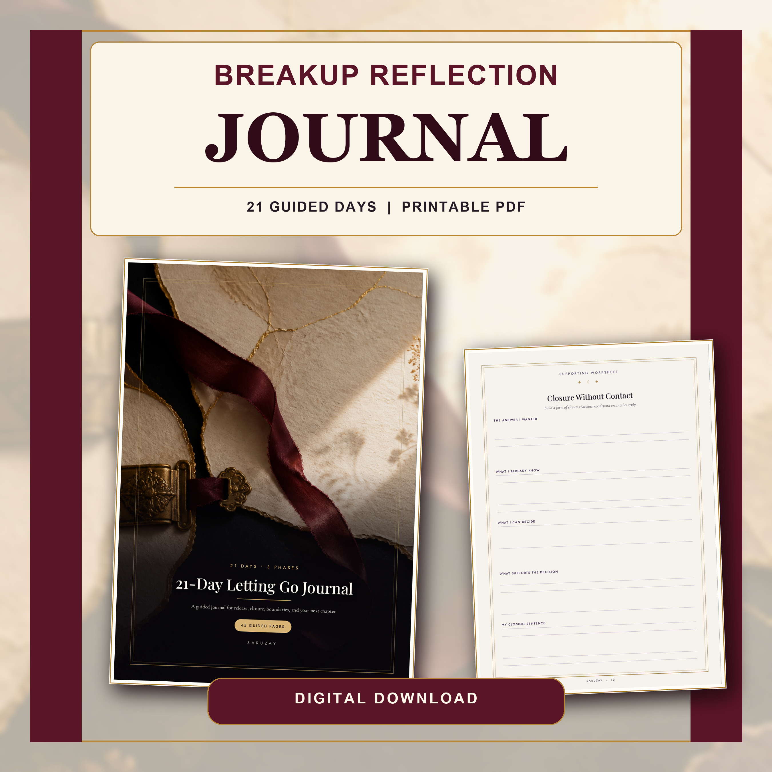 Breakup reflection journal printable PDF with the exact 21-Day Letting Go cover and Closure Without Contact page